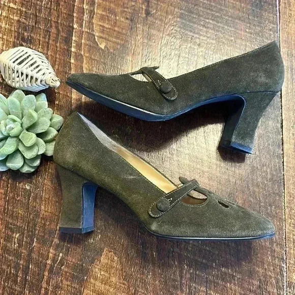 Madeline | “KAI” Dark Olive Green Suede Mary Janes with Heel - Picture 2 of 6